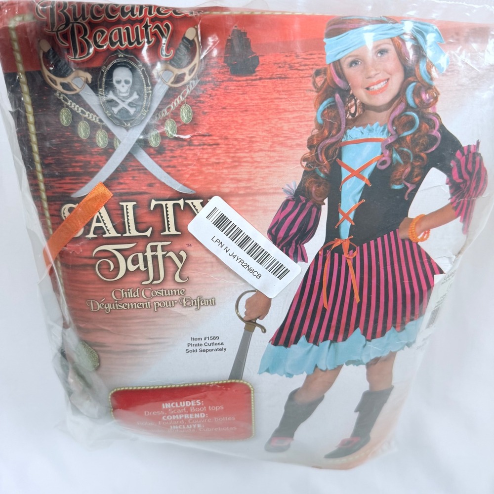 Salty Taffy Buccaneer Beauty Child Pirate Costume Dress Scarf Boot Tops Open Box